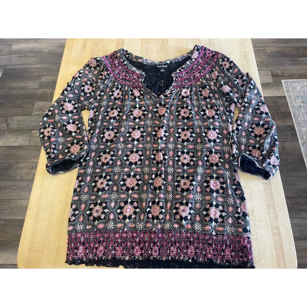 Lucky Brand Tiles Smocked Peasant V Neck Top 3/4 Sleeves S Boho Y2K Whimsigoth